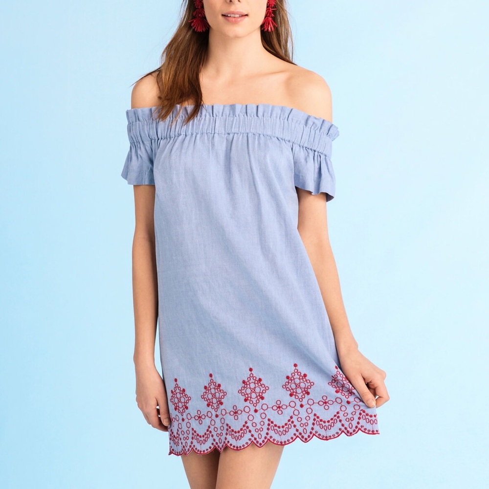 Vineyard Vines Light Blue and Red Off-Shoulder Mini Dress XXS